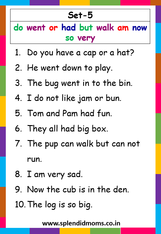 kindergarten Basic Sight words list with sentences Splendid moms