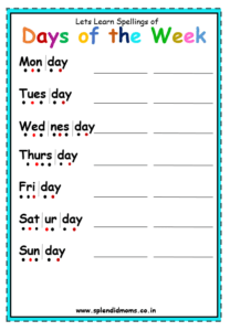 Days of the week spelling worksheets for kids free download