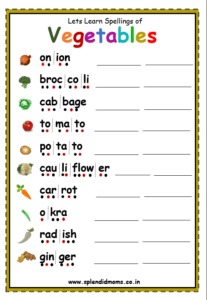 Vegetables spelling worksheets for kids free download
