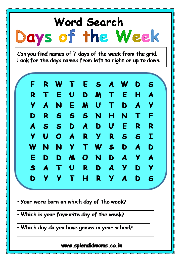 week days free worksheet