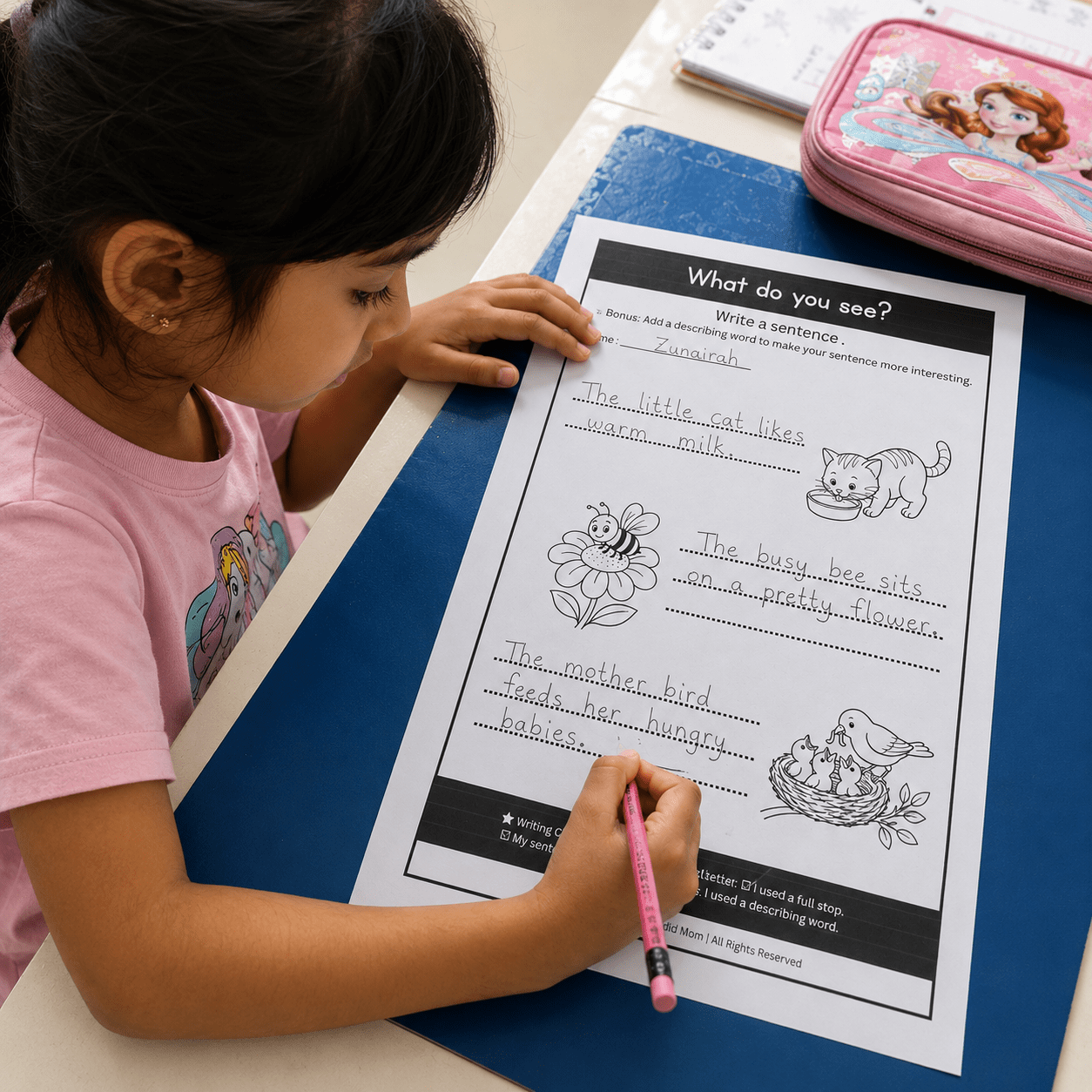 Child practicing sentence writing with a pencil.