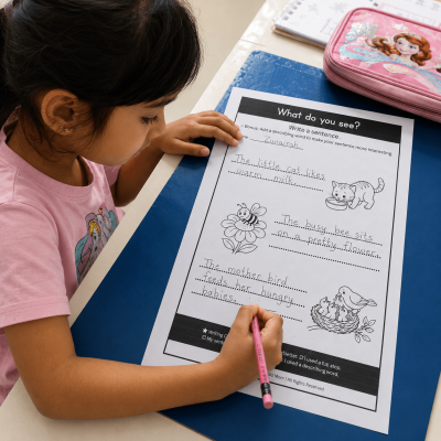 Child practicing sentence writing with a pencil.